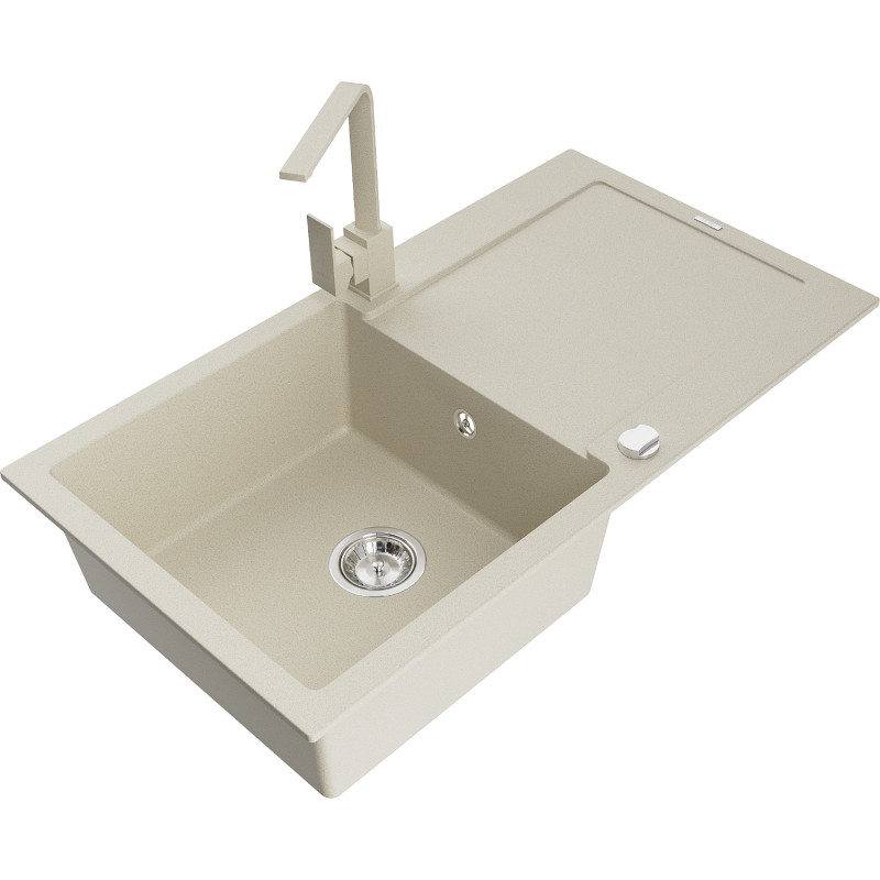 Mexen Leo granite 1-bowl kitchen sink with drainer and Rita faucet, beige - 6501-69-670300-69