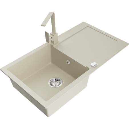 Mexen Leo 1-compartment granite sink with a drip tray and kitchen mixer tap Rita, Beige - 6501-69-670300-69