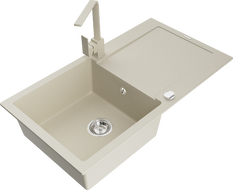 Mexen Leo granite 1-bowl kitchen sink with drainer and Rita faucet, beige - 6501-69-670300-69