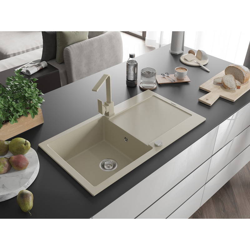 Mexen Leo granite 1-bowl kitchen sink with drainer and Rita faucet, beige - 6501-69-670300-69