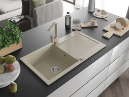 Mexen Leo 1-compartment granite sink with a drip tray and kitchen mixer tap Rita, Beige - 6501-69-670300-69