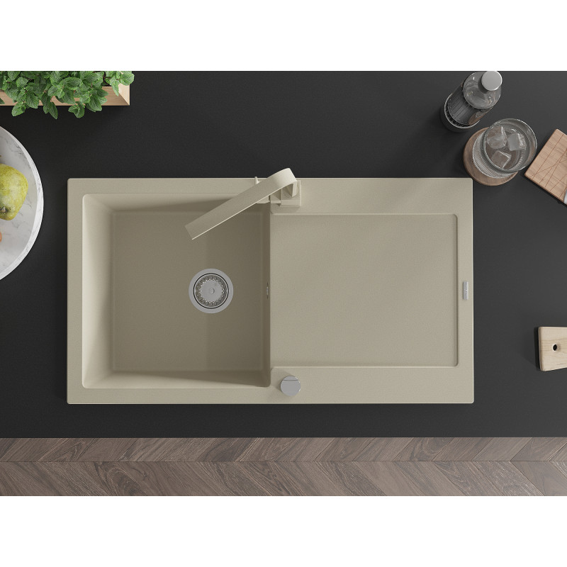 Mexen Leo 1-bowl granite sink with drainer and Rita kitchen faucet, beige - 6501-69-670300-69