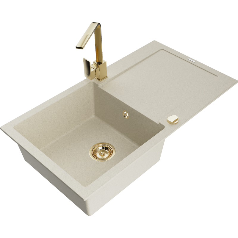 Mexen Leo 1-bowl granite sink with drainer and kitchen tap Rita, beige - 6501-69-670300-50