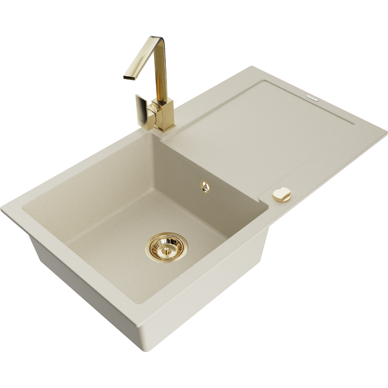Mexen Leo 1-compartment granite sink with a drip tray and kitchen mixer tap Rita, Beige - 6501-69-670300-50