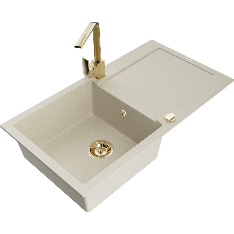 Mexen Leo granite sink 1-bowl with drainer and kitchen tap Rita, beige - 6501-69-670300-50