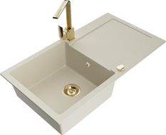 Mexen Leo 1-compartment granite sink with a drip tray and kitchen mixer tap Rita, Beige - 6501-69-670300-50