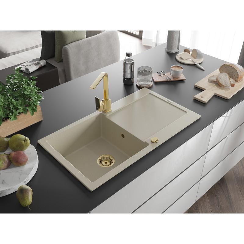 Mexen Leo 1-bowl granite sink with drainer and kitchen faucet Rita, beige - 6501-69-670300-50
