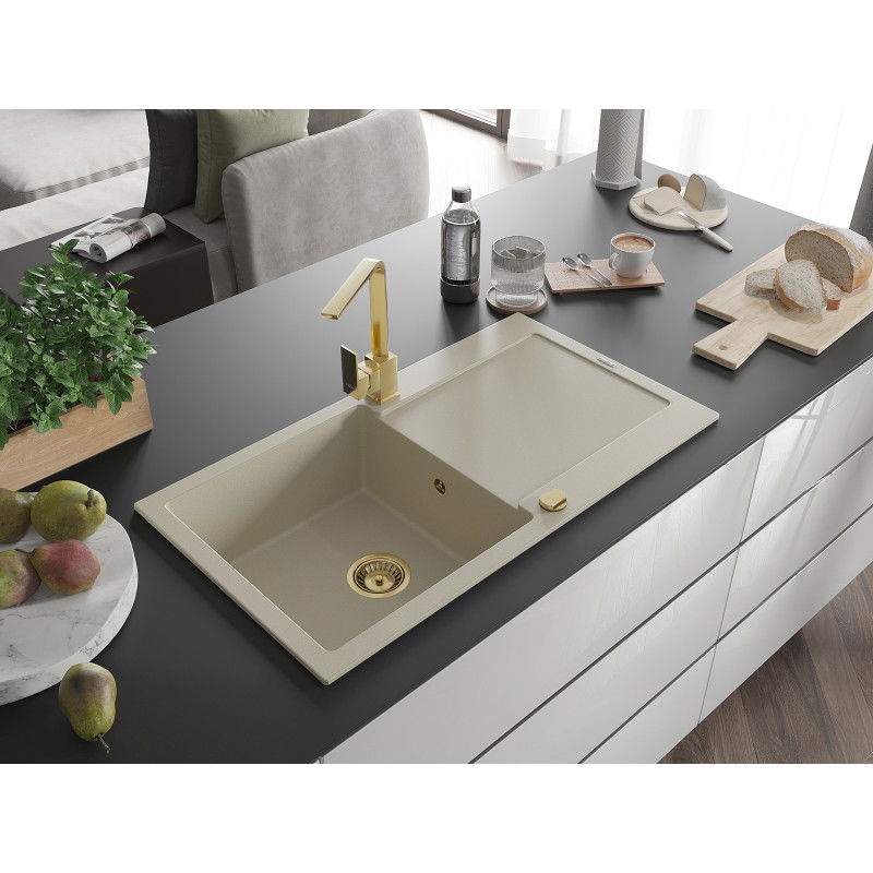 Mexen Leo 1-bowl granite sink with drainer and kitchen tap Rita, beige - 6501-69-670300-50
