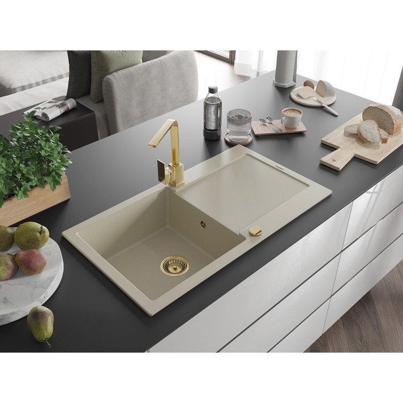 Mexen Leo granite sink 1-bowl with drainer and kitchen tap Rita, beige - 6501-69-670300-50