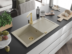 Mexen Leo 1-compartment granite sink with a drip tray and kitchen mixer tap Rita, Beige - 6501-69-670300-50