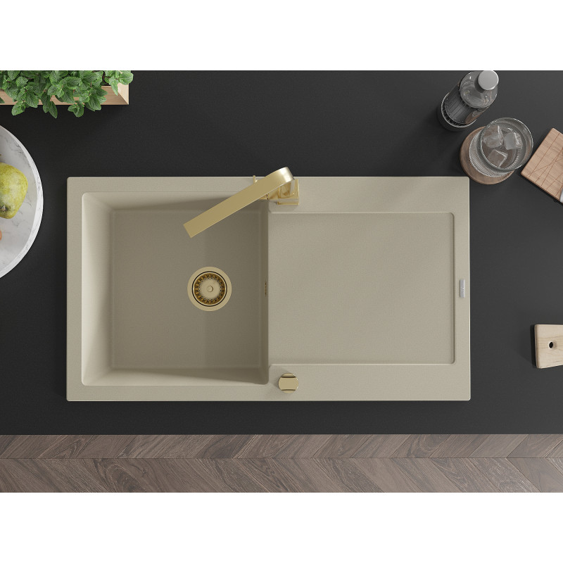Mexen Leo 1-bowl granite sink with drainer and kitchen faucet Rita, beige - 6501-69-670300-50