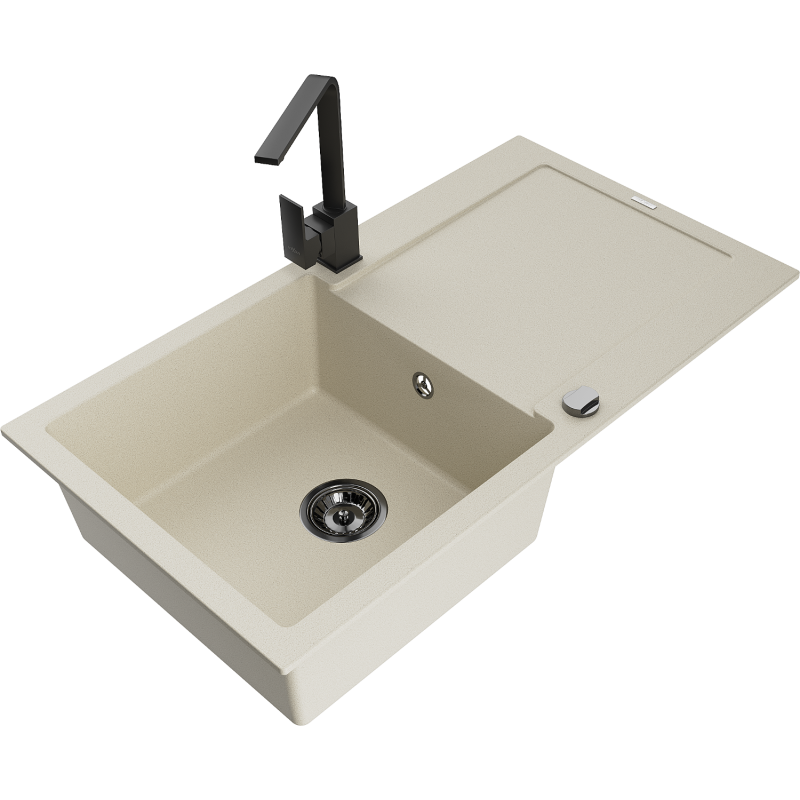 Mexen Leo 1-bowl granite kitchen sink with drainer and Rita kitchen tap, beige - 6501-69-670300-70