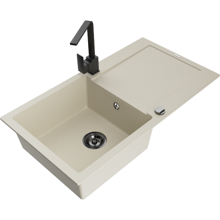Mexen Leo 1-bowl granite kitchen sink with drainer and Rita kitchen tap, beige - 6501-69-670300-70