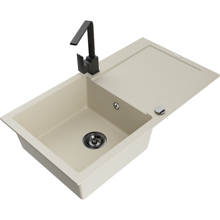 Mexen Leo single-bowl granite sink with drainer and Rita kitchen faucet, beige - 6501-69-670300-70