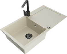 Mexen Leo 1-bowl granite kitchen sink with drainer and Rita kitchen tap, beige - 6501-69-670300-70
