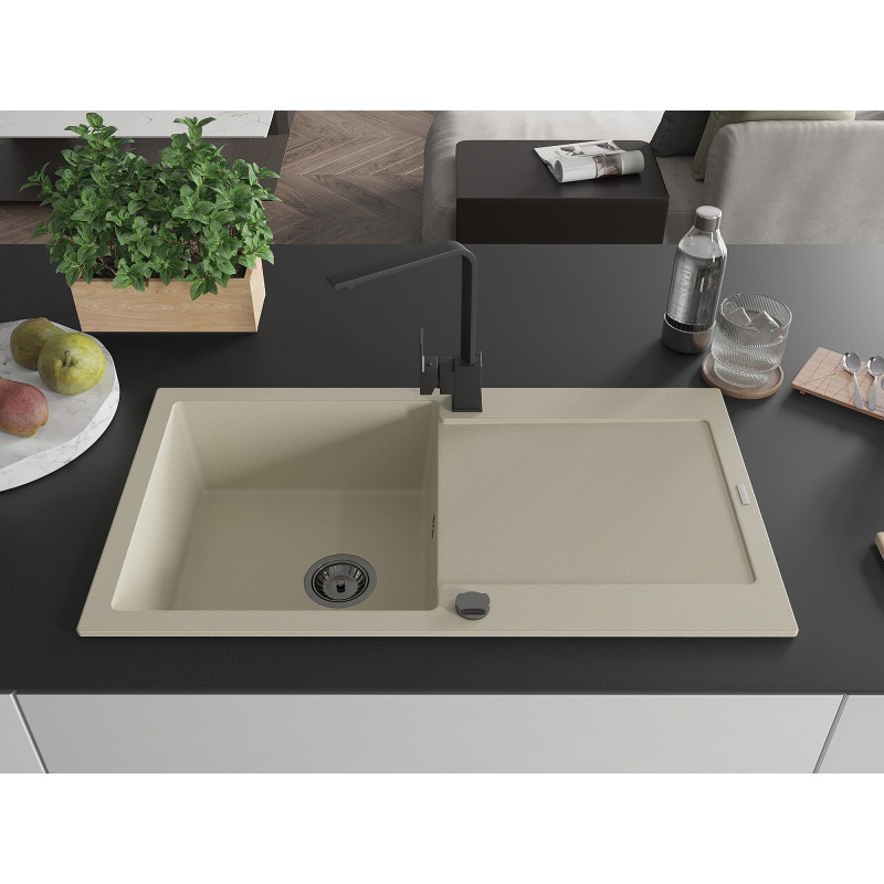Mexen Leo single-bowl granite sink with drainer and Rita kitchen faucet, beige - 6501-69-670300-70