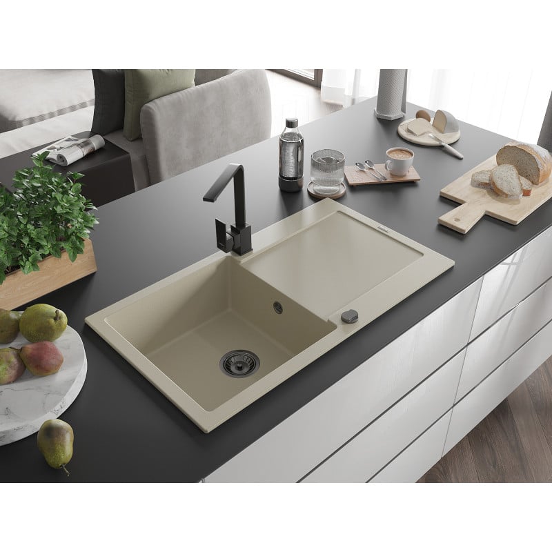 Mexen Leo 1-bowl granite kitchen sink with drainer and Rita kitchen tap, beige - 6501-69-670300-70