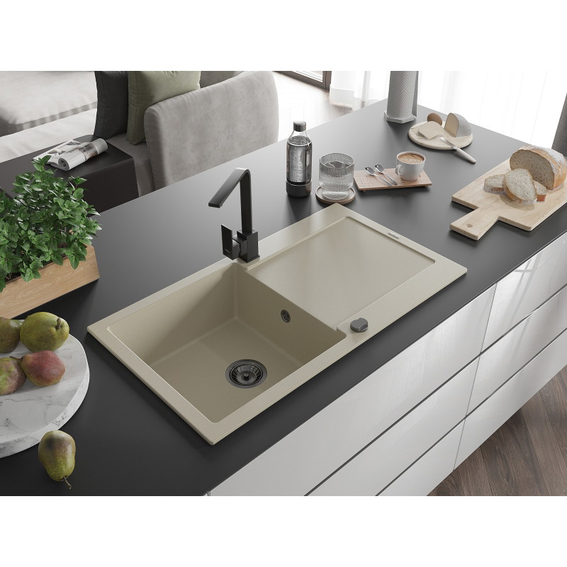 Mexen Leo granite sink 1-bowl with drainer and kitchen faucet Rita, beige - 6501-69-670300-70