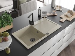 Mexen Leo 1-compartment granite sink with a drip tray and kitchen mixer tap Rita, Beige - 6501-69-670300-70