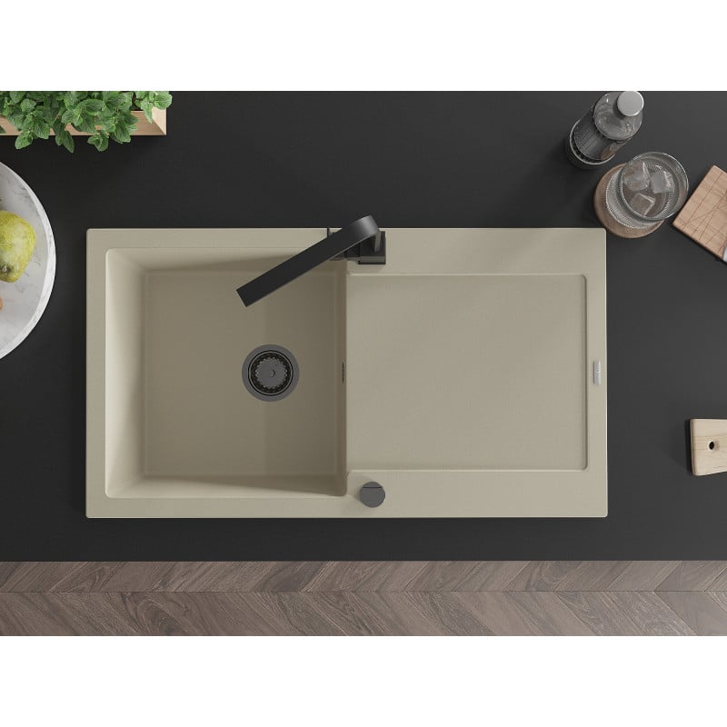 Mexen Leo 1-bowl granite kitchen sink with drainer and Rita kitchen tap, beige - 6501-69-670300-70