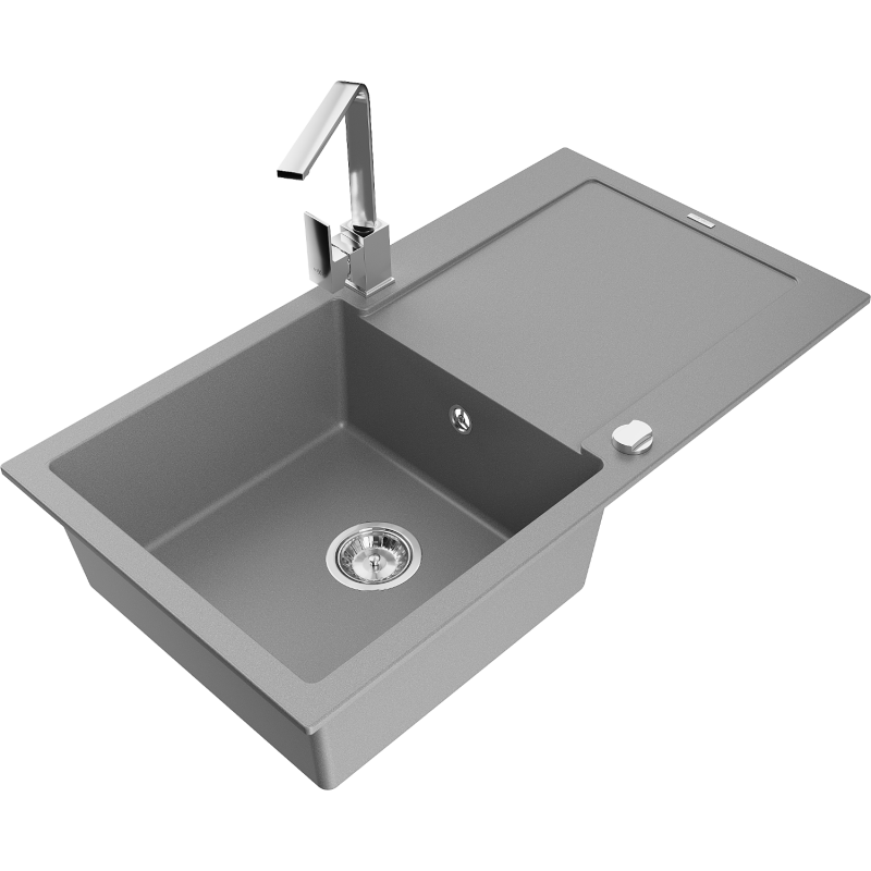 Mexen Leo 1-bowl granite sink with drainer and Rita kitchen tap, grey - 6501-71-670300-00