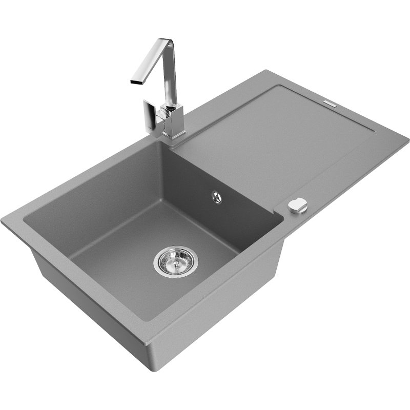 Mexen Leo 1-compartment granite sink with a drip tray and kitchen mixer tap Rita, Grey - 6501-71-670300-00