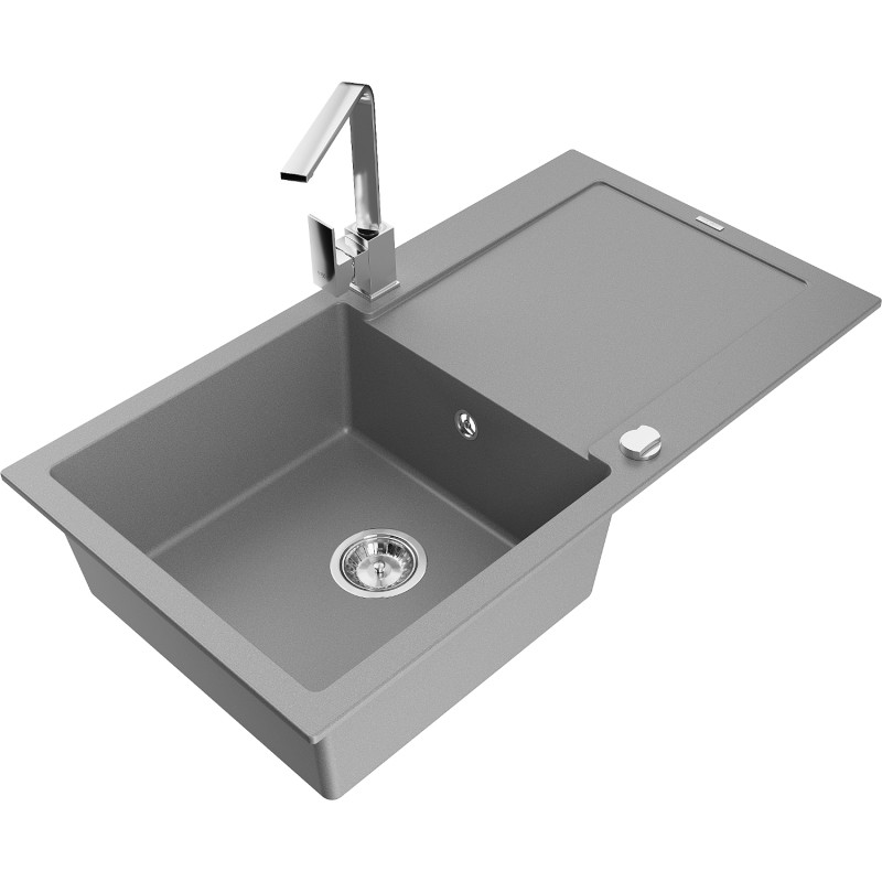 Mexen Leo granite sink 1-bowl with drainer and kitchen faucet Rita, gray - 6501-71-670300-00