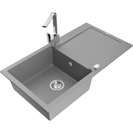 Mexen Leo granite single-bowl sink with drainer and Rita kitchen faucet, gray - 6501-71-670300-00