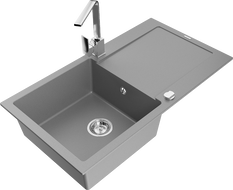 Mexen Leo 1-bowl granite sink with drainer and Rita kitchen tap, grey - 6501-71-670300-00