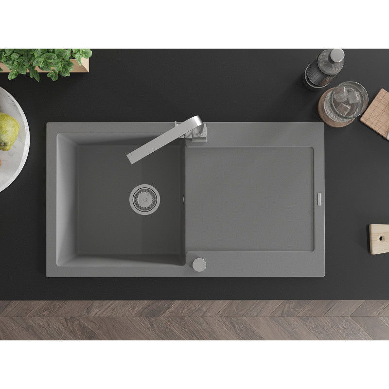 Mexen Leo 1-bowl granite sink with drainer and Rita kitchen tap, grey - 6501-71-670300-00