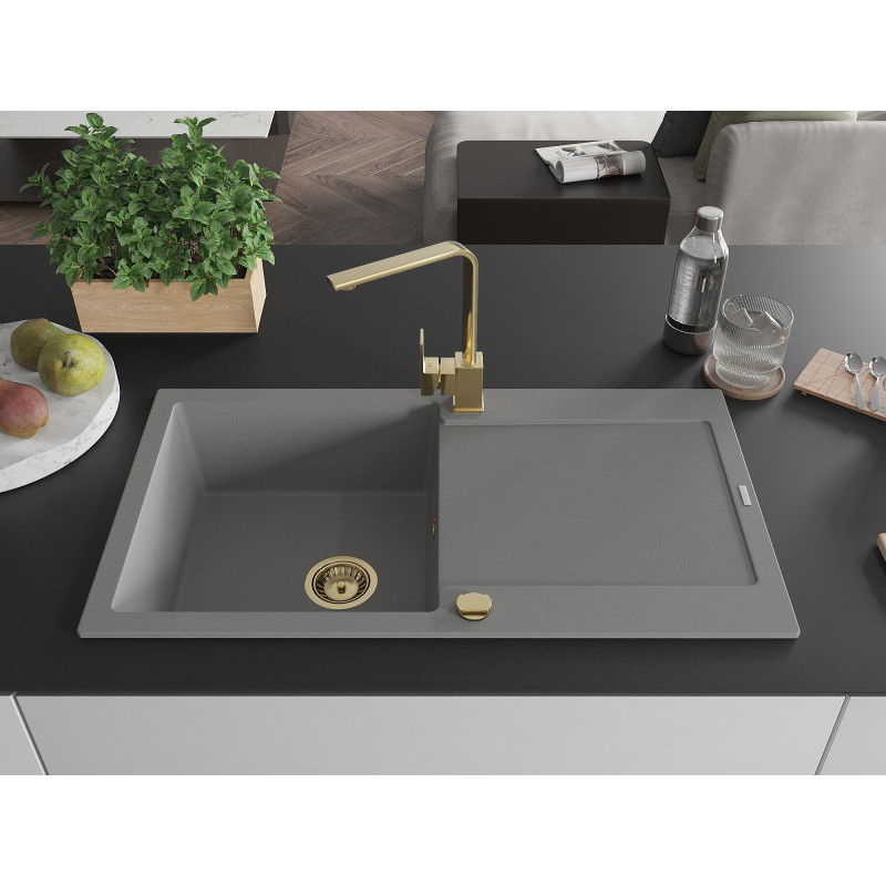 Mexen Leo 1-bowl granite sink with drainer and Rita kitchen tap, grey - 6501-71-670300-50