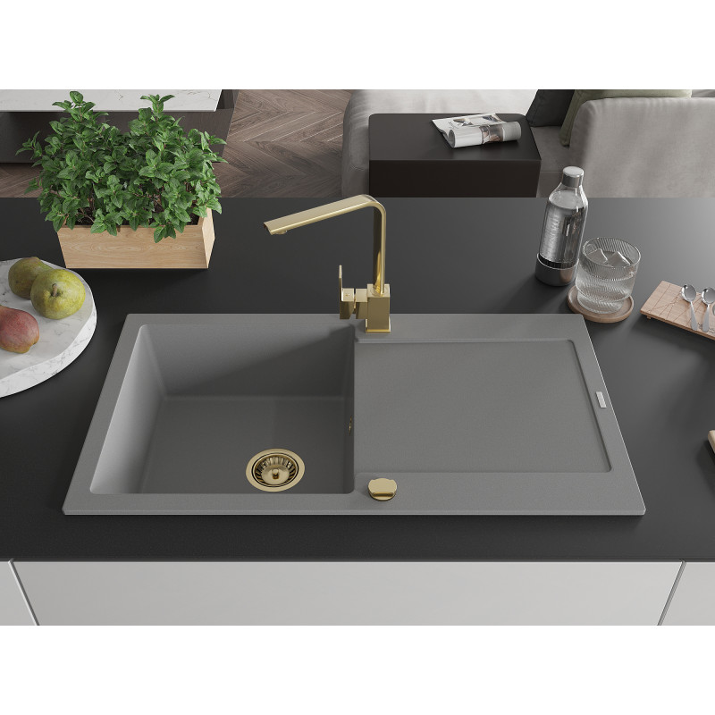 Mexen Leo granite sink 1-bowl with drainer and kitchen faucet Rita, gray - 6501-71-670300-50