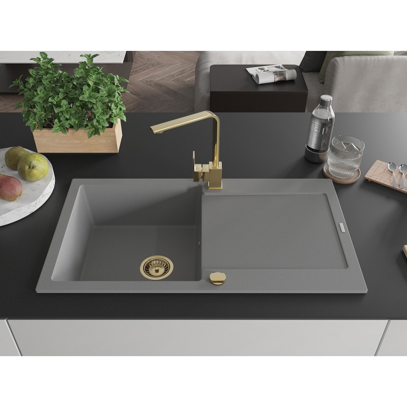 Mexen Leo granite sink with 1 bowl, drainer, and kitchen faucet Rita, gray - 6501-71-670300-50