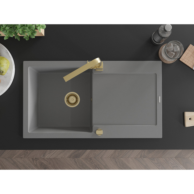 Mexen Leo granite sink 1-bowl with drainer and kitchen faucet Rita, gray - 6501-71-670300-50