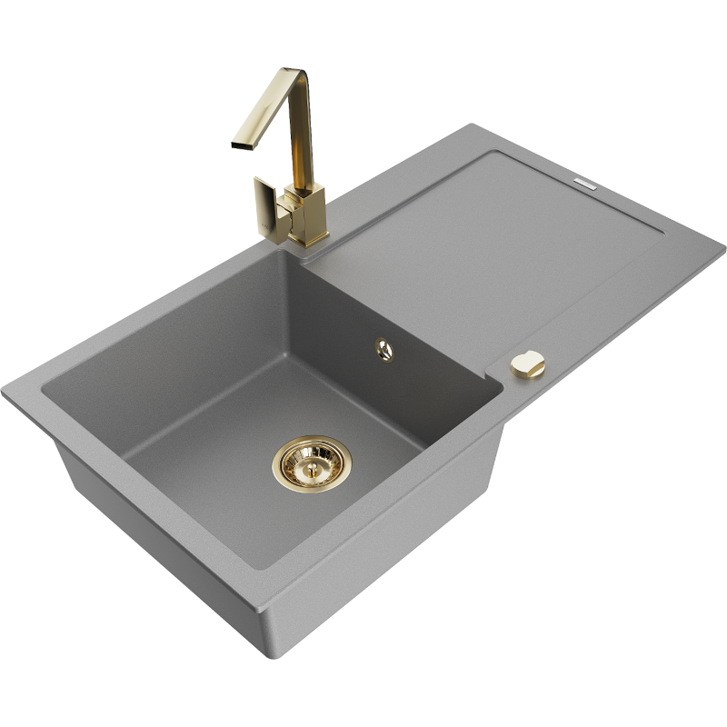 Mexen Leo 1-bowl granite sink with drainer and Rita kitchen tap, grey - 6501-71-670300-50