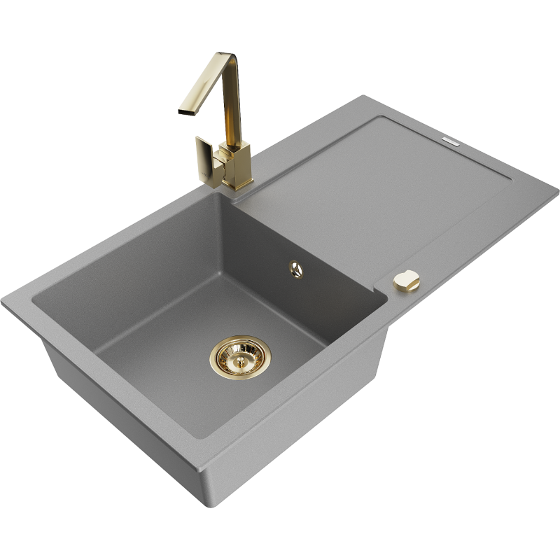 Mexen Leo 1-compartment granite sink with a drip tray and kitchen mixer tap Rita, Grey - 6501-71-670300-50