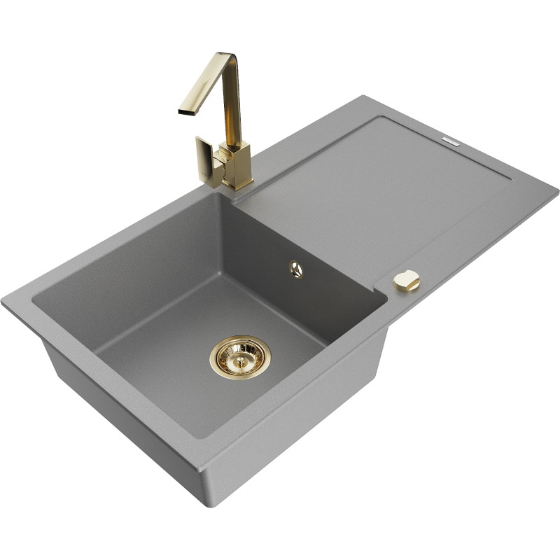 Mexen Leo granite sink with 1 bowl, drainer, and kitchen faucet Rita, gray - 6501-71-670300-50
