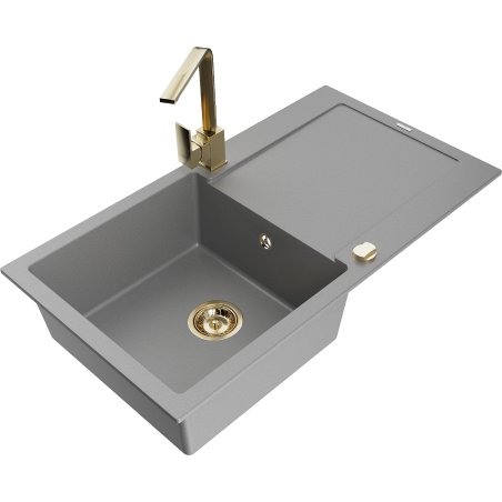 Mexen Leo 1-compartment granite sink with a drip tray and kitchen mixer tap Rita, Grey - 6501-71-670300-50