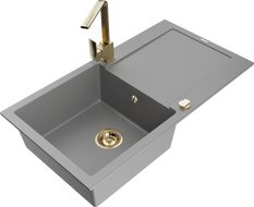 Mexen Leo 1-compartment granite sink with a drip tray and kitchen mixer tap Rita, Grey - 6501-71-670300-50