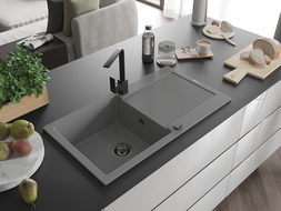 Mexen Leo 1-compartment granite sink with a drip tray and kitchen mixer tap Rita, Grey - 6501-71-670300-70-B