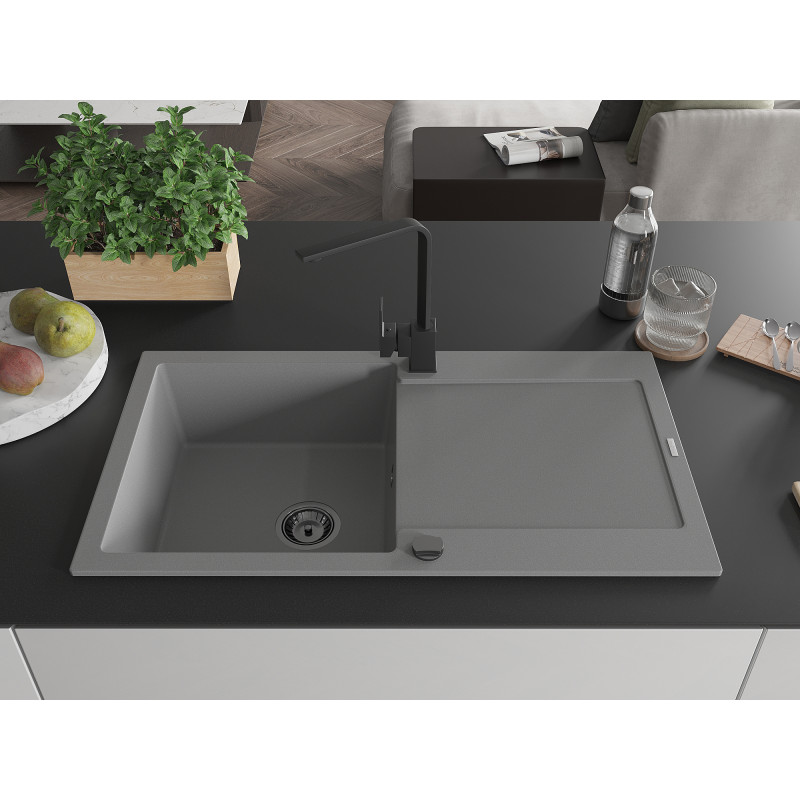 Mexen Leo granite kitchen sink 1-bowl with drainer and kitchen faucet Rita, gray - 6501-71-670300-70-B