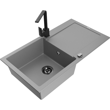 Mexen Leo 1-compartment granite sink with a drip tray and kitchen mixer tap Rita, Grey - 6501-71-670300-70-B