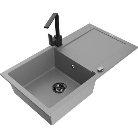 Mexen Leo granite kitchen sink single-bowl with drainer and Rita kitchen tap, grey - 6501-71-670300-70-B