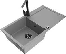 Mexen Leo granite kitchen sink single-bowl with drainer and Rita kitchen tap, grey - 6501-71-670300-70-B