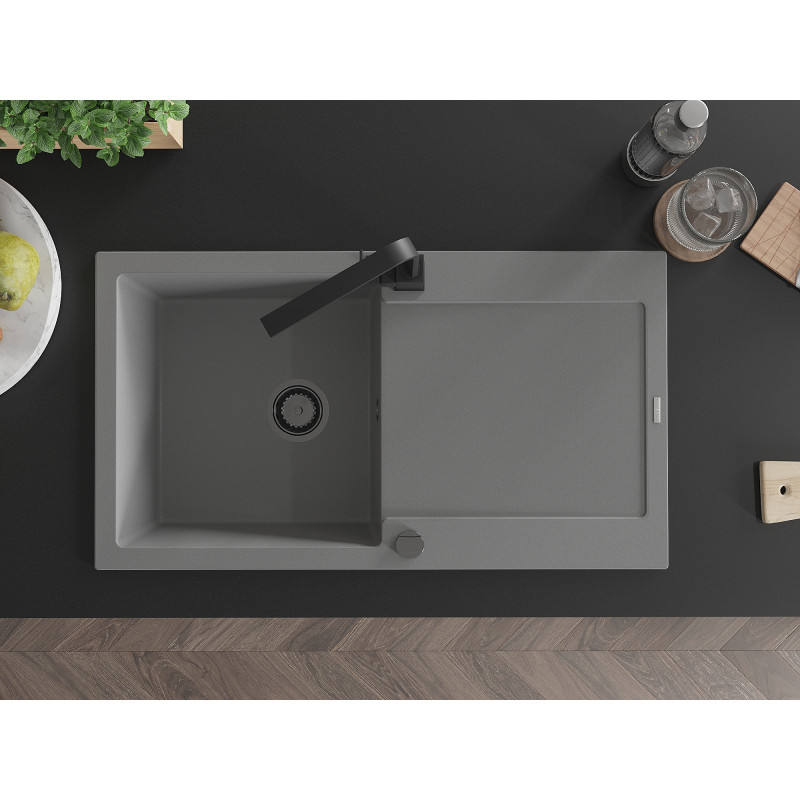 Mexen Leo granite kitchen sink 1-bowl with drainer and kitchen faucet Rita, gray - 6501-71-670300-70-B