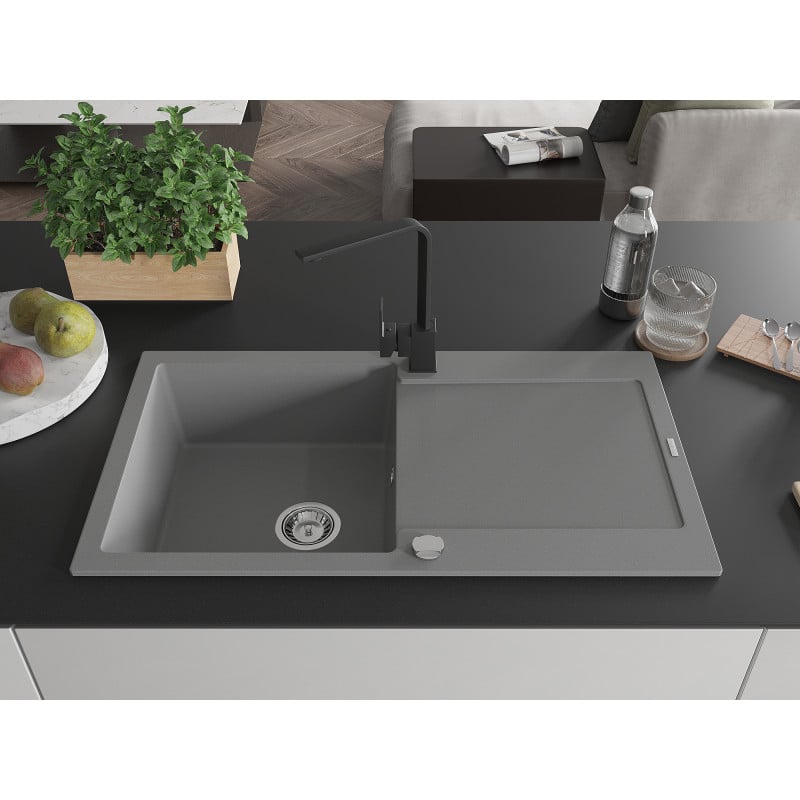 Mexen Leo 1-bowl granite sink with drainer and kitchen faucet Rita, gray - 6501-71-670300-70
