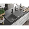 Mexen Leo 1-bowl granite sink with drainer and kitchen faucet Rita, gray - 6501-71-670300-70
