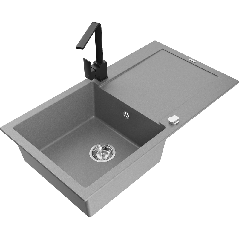Mexen Leo 1-bowl granite sink with drainer and kitchen faucet Rita, gray - 6501-71-670300-70