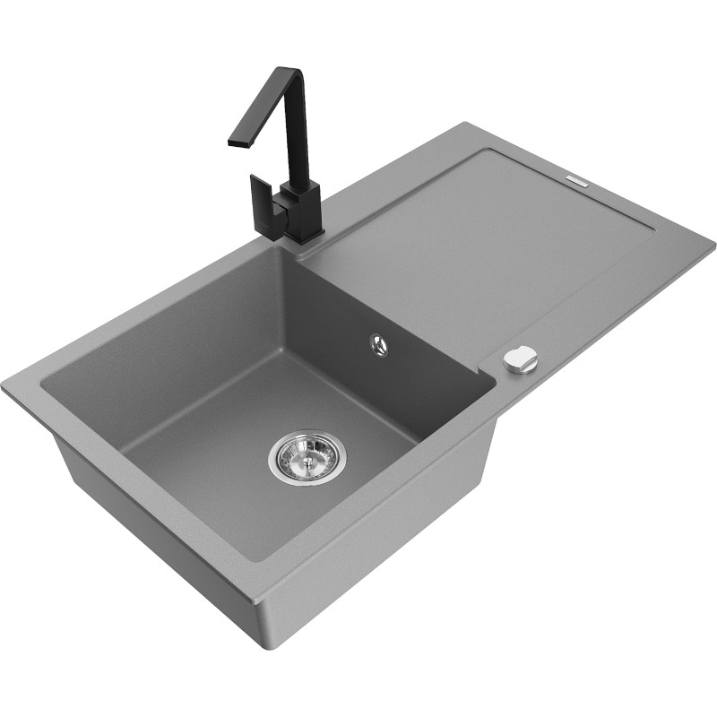 Mexen Leo granite kitchen sink 1-bowl with drainer and kitchen faucet Rita, gray - 6501-71-670300-70