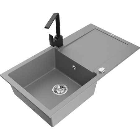 Mexen Leo 1-bowl granite sink with drainer and kitchen faucet Rita, gray - 6501-71-670300-70
